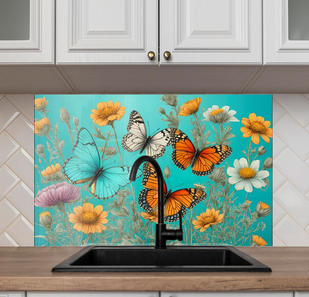 Butterfly Floral - Glass Kitchen Backsplash-BacksplashArtworks