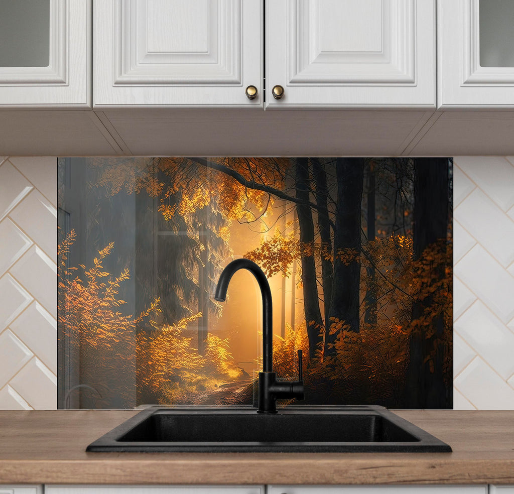 Golden Forest Glow Wall Art - Tempered Glass Kitchen Backsplash-BacksplashArtworks