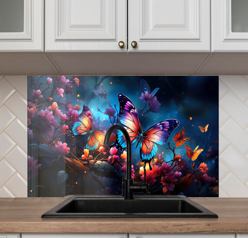 Purple Butterfly - Tempered Glass Kitchen Backsplash-BacksplashArtworks