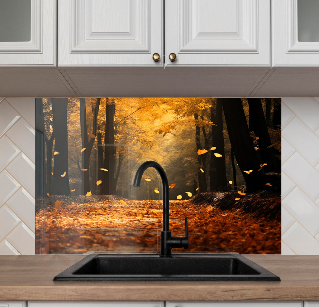 Golden Autumn Path Wall Art - Tempered Glass Kitchen Backsplash-BacksplashArtworks