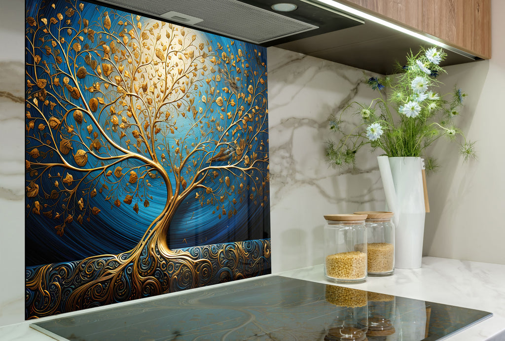 Gold & Blue Tree of Life - Glass Kitchen Backsplash-BacksplashArtworks