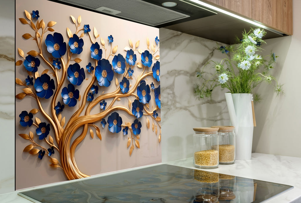 Golden Sapphire Blossom - Glass Kitchen Backsplash-BacksplashArtworks