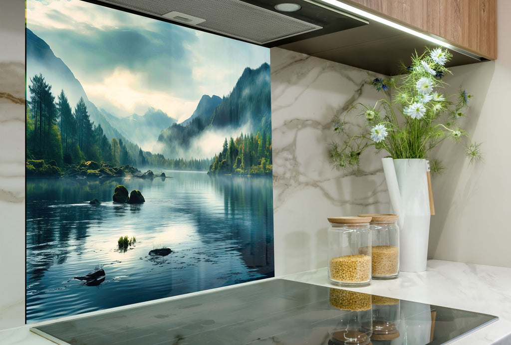 Misty Mountain Lake Wall Art - Tempered Glass Kitchen Backsplash-BacksplashArtworks