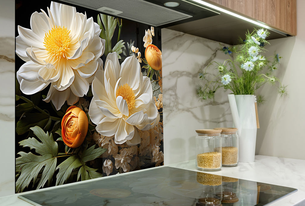 Golden Bloom Elegance - Glass Kitchen Backsplash-BacksplashArtworks