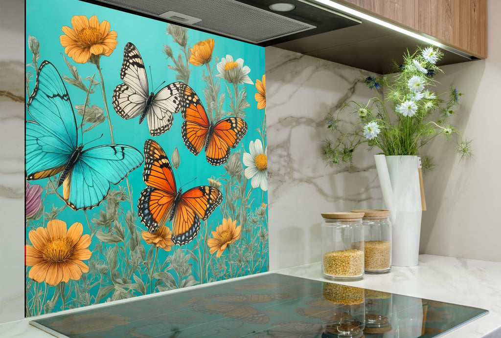 Butterfly Floral - Glass Kitchen Backsplash-BacksplashArtworks