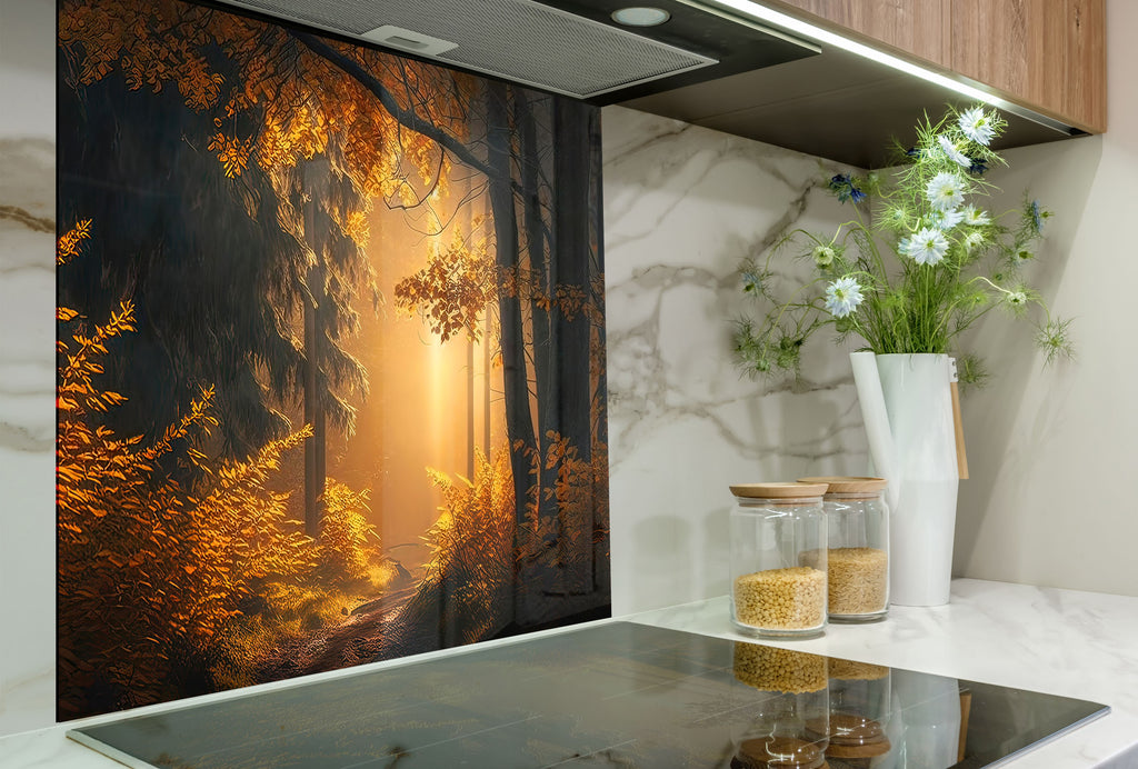 Golden Forest Glow Wall Art - Tempered Glass Kitchen Backsplash-BacksplashArtworks
