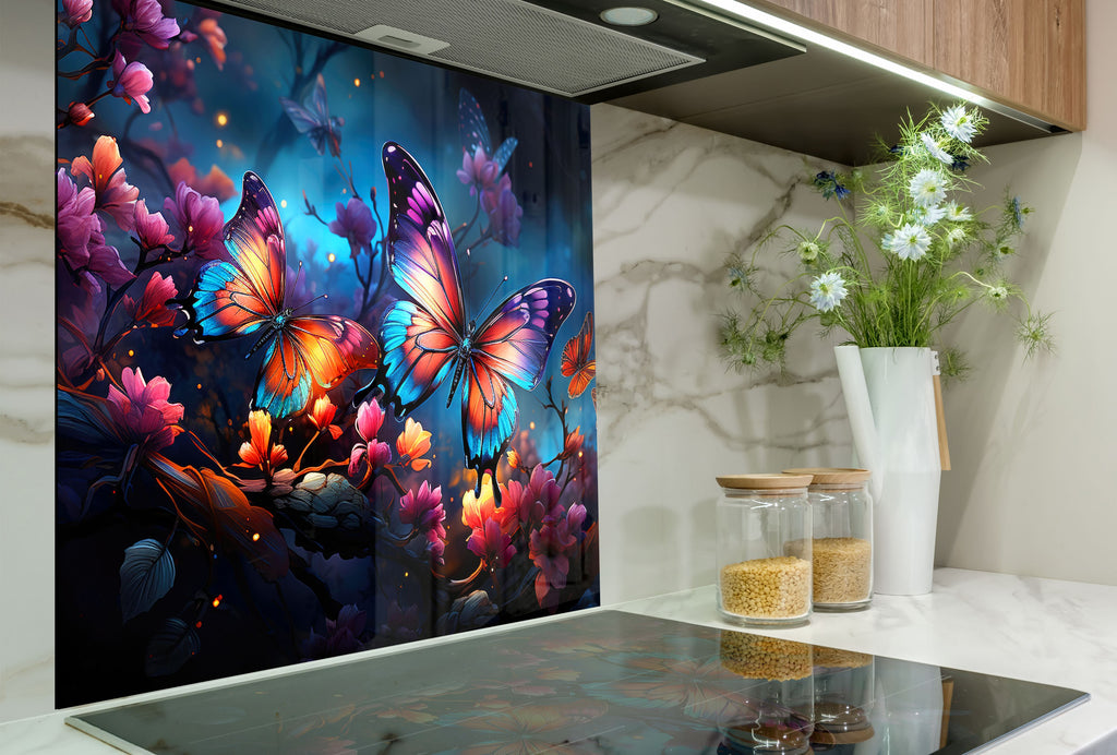 Purple Butterfly - Tempered Glass Kitchen Backsplash-BacksplashArtworks