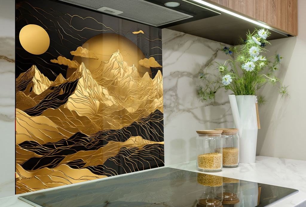 Golden Mountain Elegance Wall Art - Tempered Glass Kitchen Backsplash-BacksplashArtworks