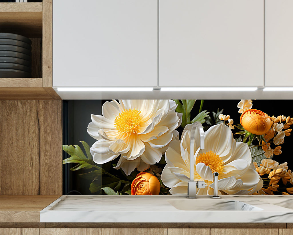 Golden Bloom Elegance - Glass Kitchen Backsplash-BacksplashArtworks