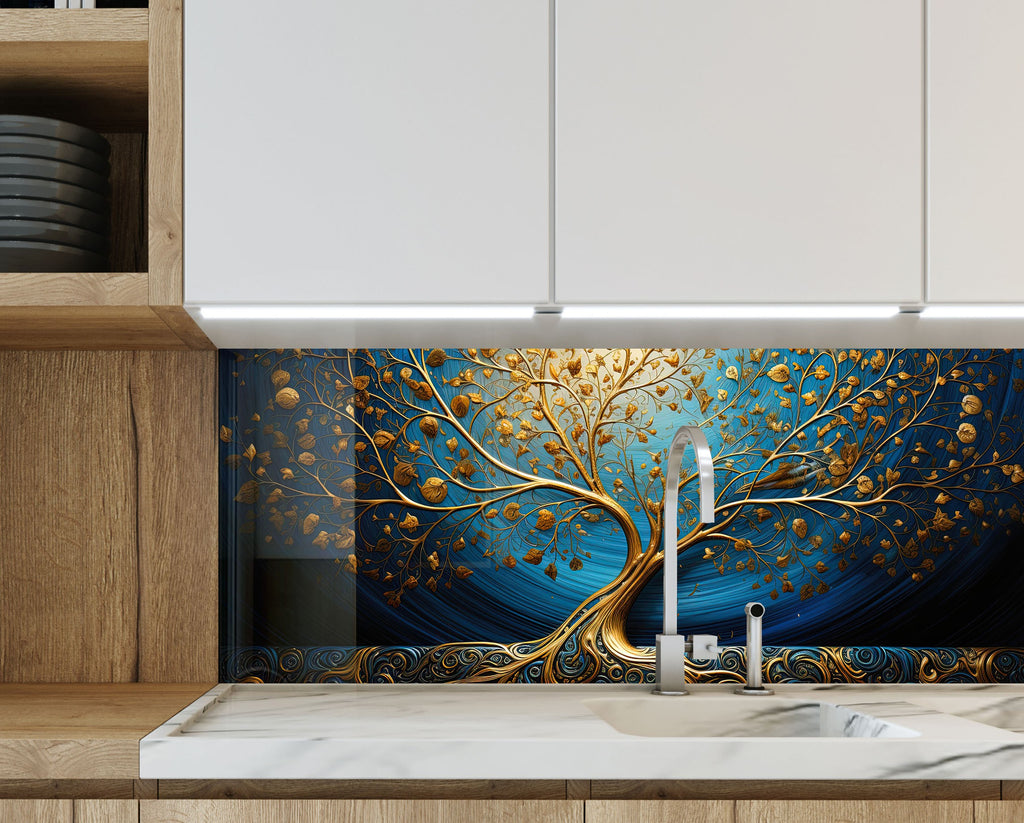 Gold & Blue Tree of Life - Glass Kitchen Backsplash-BacksplashArtworks
