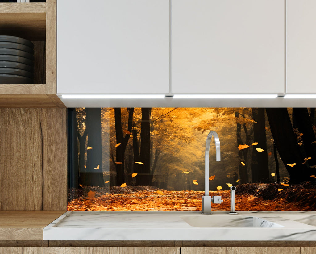 Golden Autumn Path Wall Art - Tempered Glass Kitchen Backsplash-BacksplashArtworks