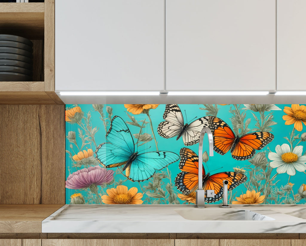 Butterfly Floral - Glass Kitchen Backsplash-BacksplashArtworks