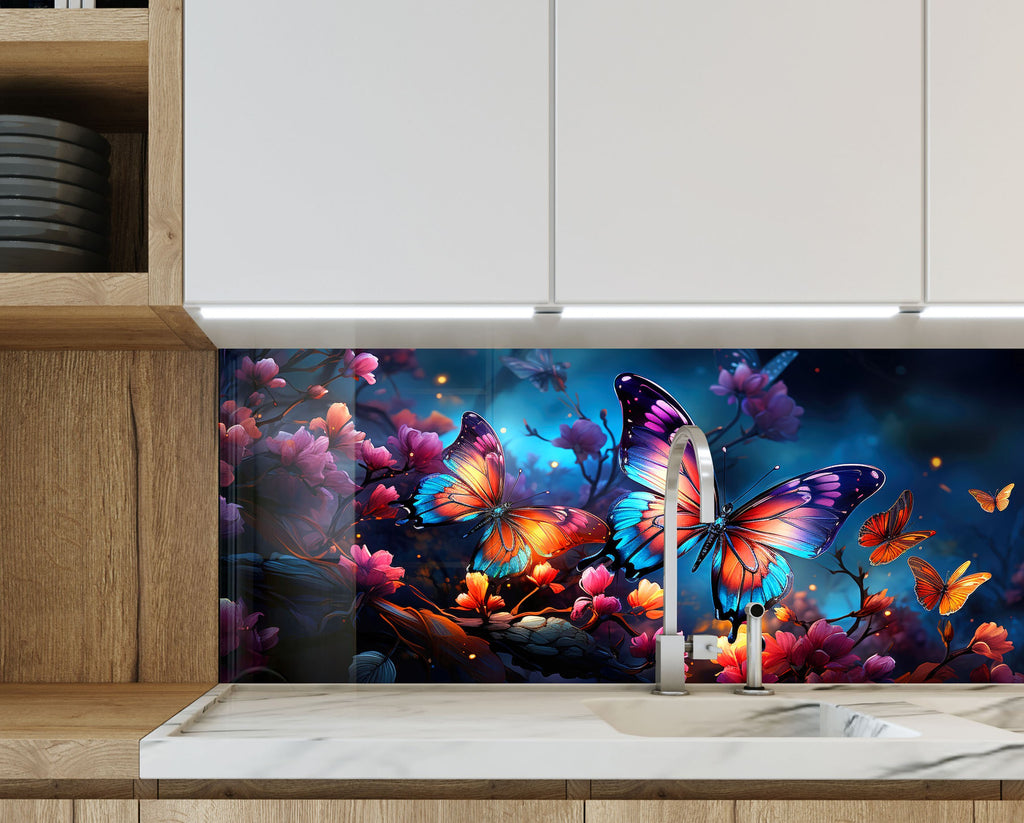 Purple Butterfly - Tempered Glass Kitchen Backsplash-BacksplashArtworks