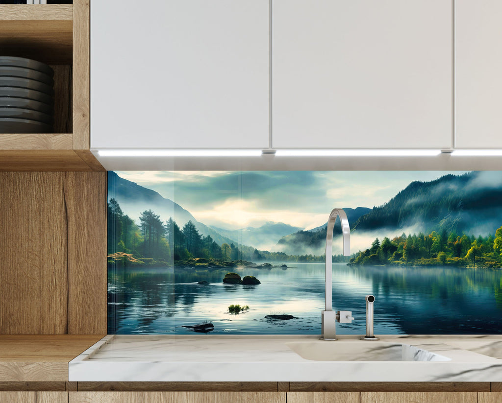 Misty Mountain Lake Wall Art - Tempered Glass Kitchen Backsplash-BacksplashArtworks