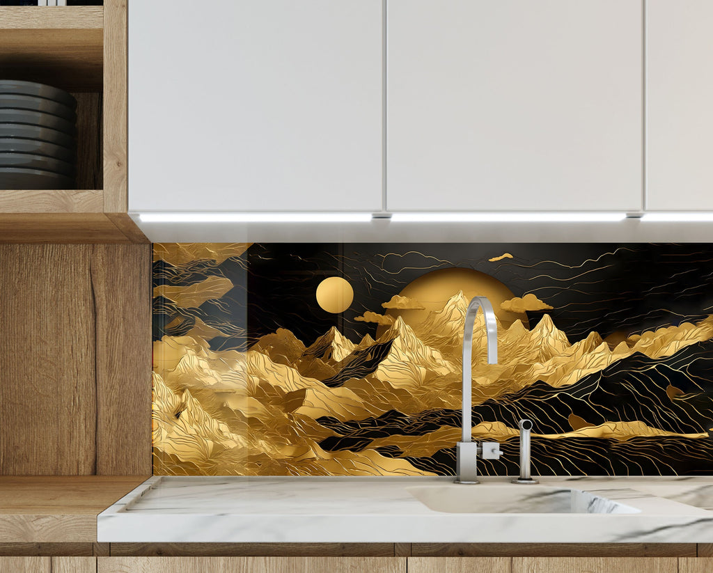 Golden Mountain Elegance Wall Art - Tempered Glass Kitchen Backsplash-BacksplashArtworks