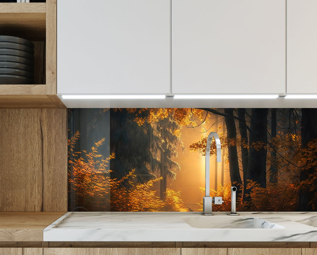 Golden Forest Glow Wall Art - Tempered Glass Kitchen Backsplash-BacksplashArtworks