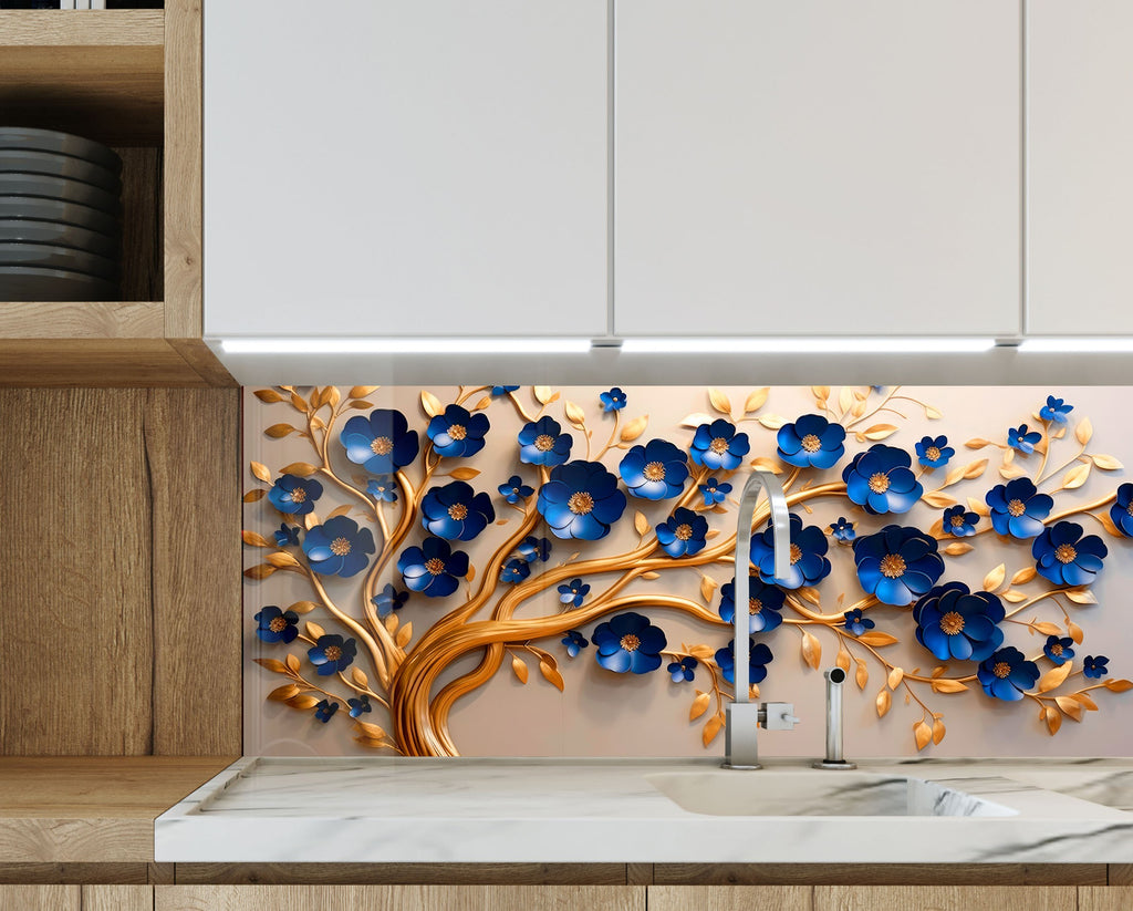 Golden Sapphire Blossom - Glass Kitchen Backsplash-BacksplashArtworks