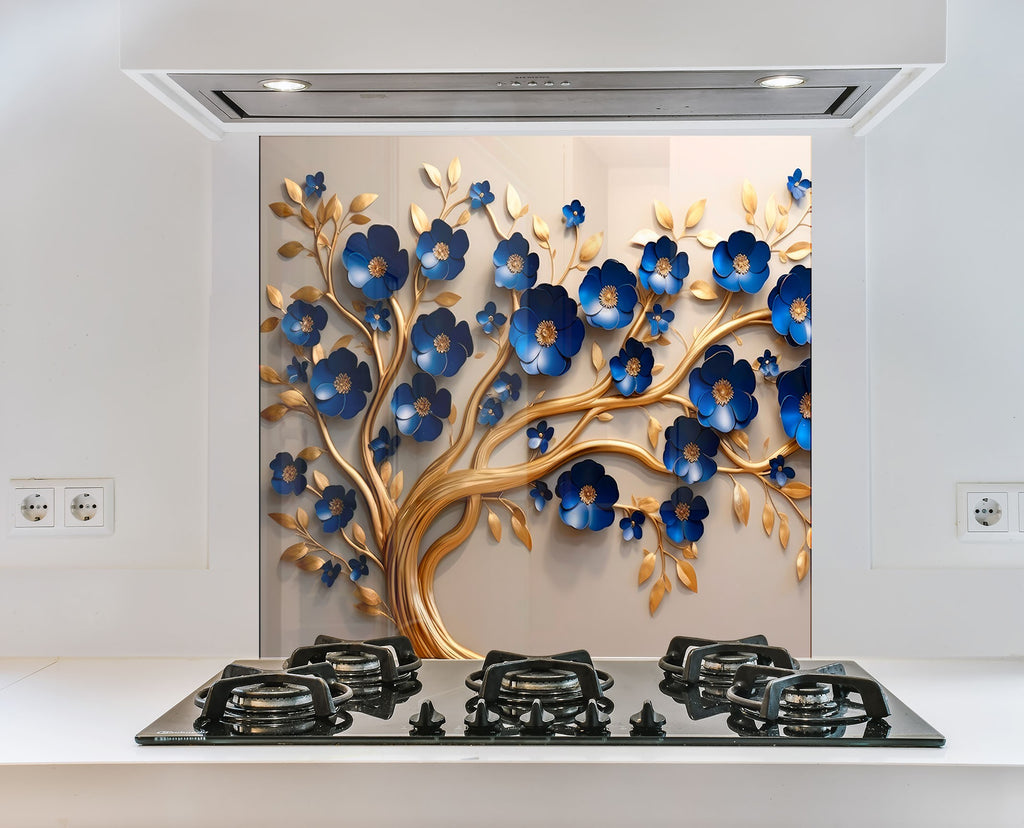 Golden Sapphire Blossom - Glass Kitchen Backsplash-BacksplashArtworks