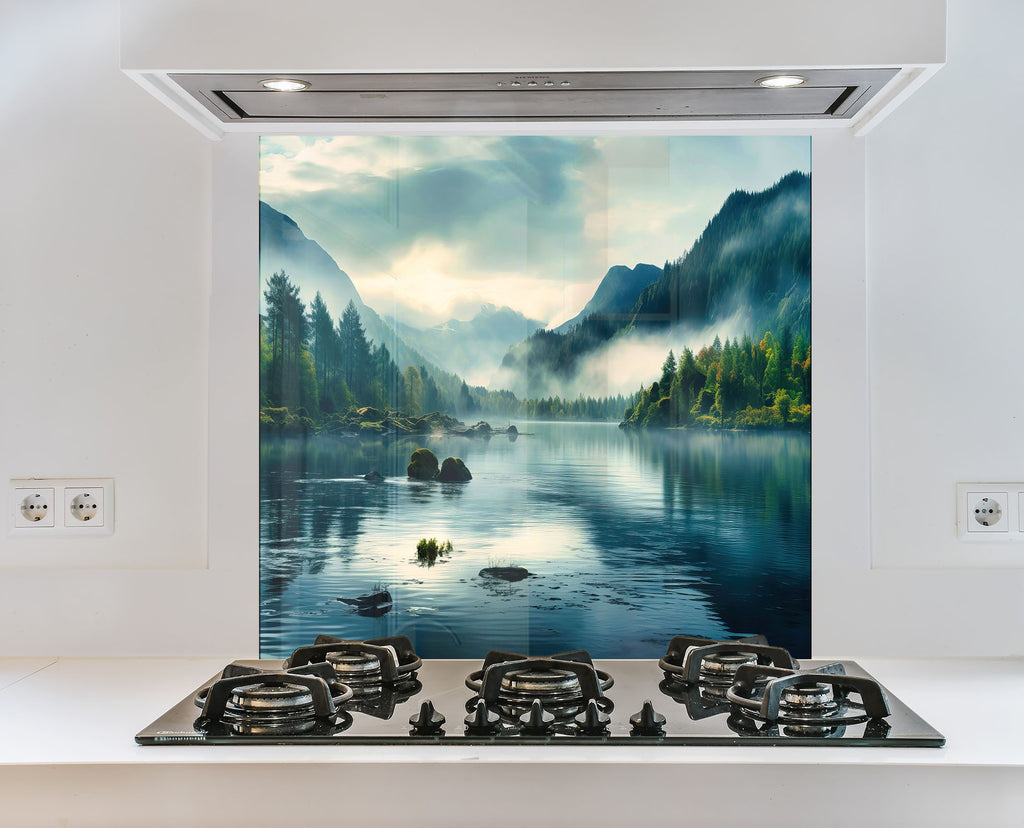 Misty Mountain Lake Wall Art - Tempered Glass Kitchen Backsplash-BacksplashArtworks