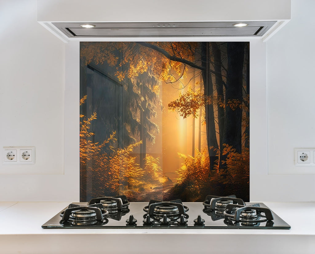 Golden Forest Glow Wall Art - Tempered Glass Kitchen Backsplash-BacksplashArtworks