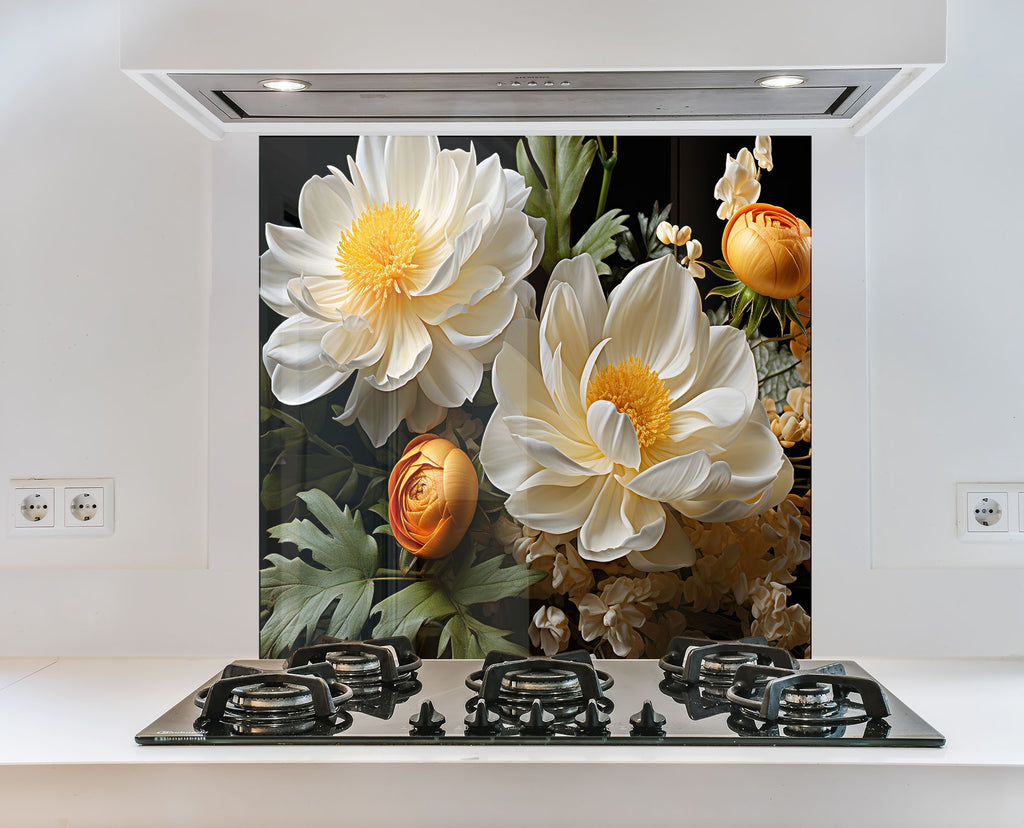 Golden Bloom Elegance - Glass Kitchen Backsplash-BacksplashArtworks