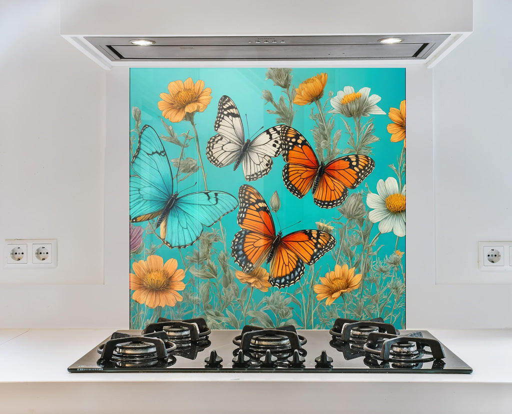 Butterfly Floral - Glass Kitchen Backsplash-BacksplashArtworks