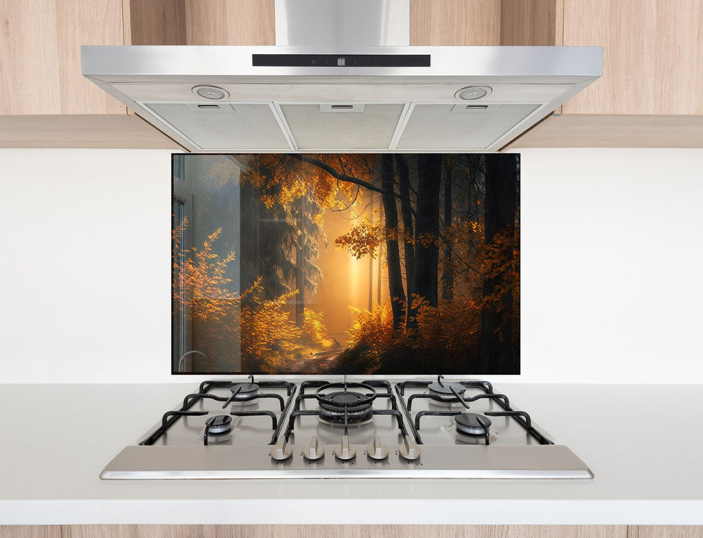 Golden Forest Glow Wall Art - Tempered Glass Kitchen Backsplash-BacksplashArtworks