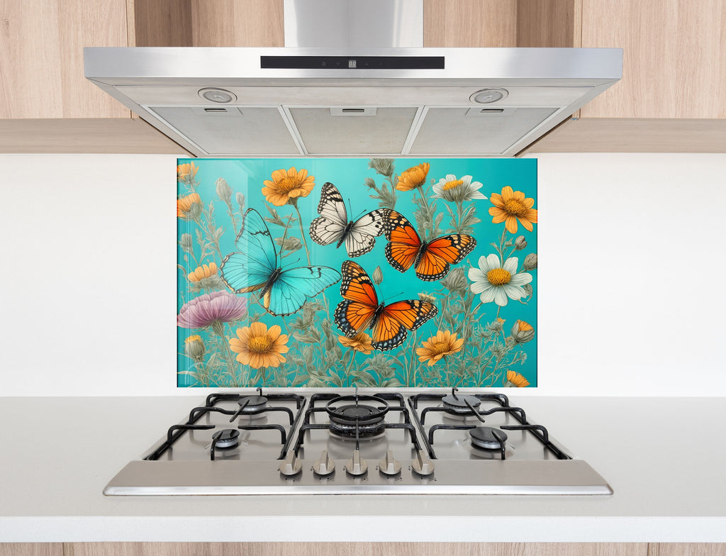 Butterfly Floral - Glass Kitchen Backsplash-BacksplashArtworks