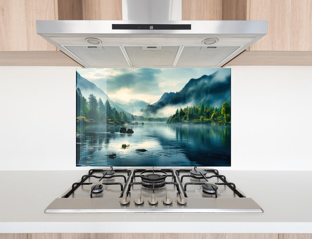 Misty Mountain Lake Wall Art - Tempered Glass Kitchen Backsplash-BacksplashArtworks