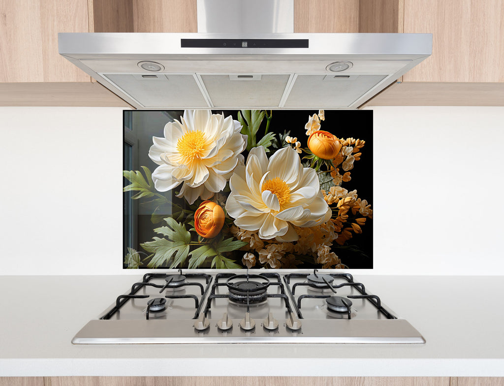 Golden Bloom Elegance - Glass Kitchen Backsplash-BacksplashArtworks