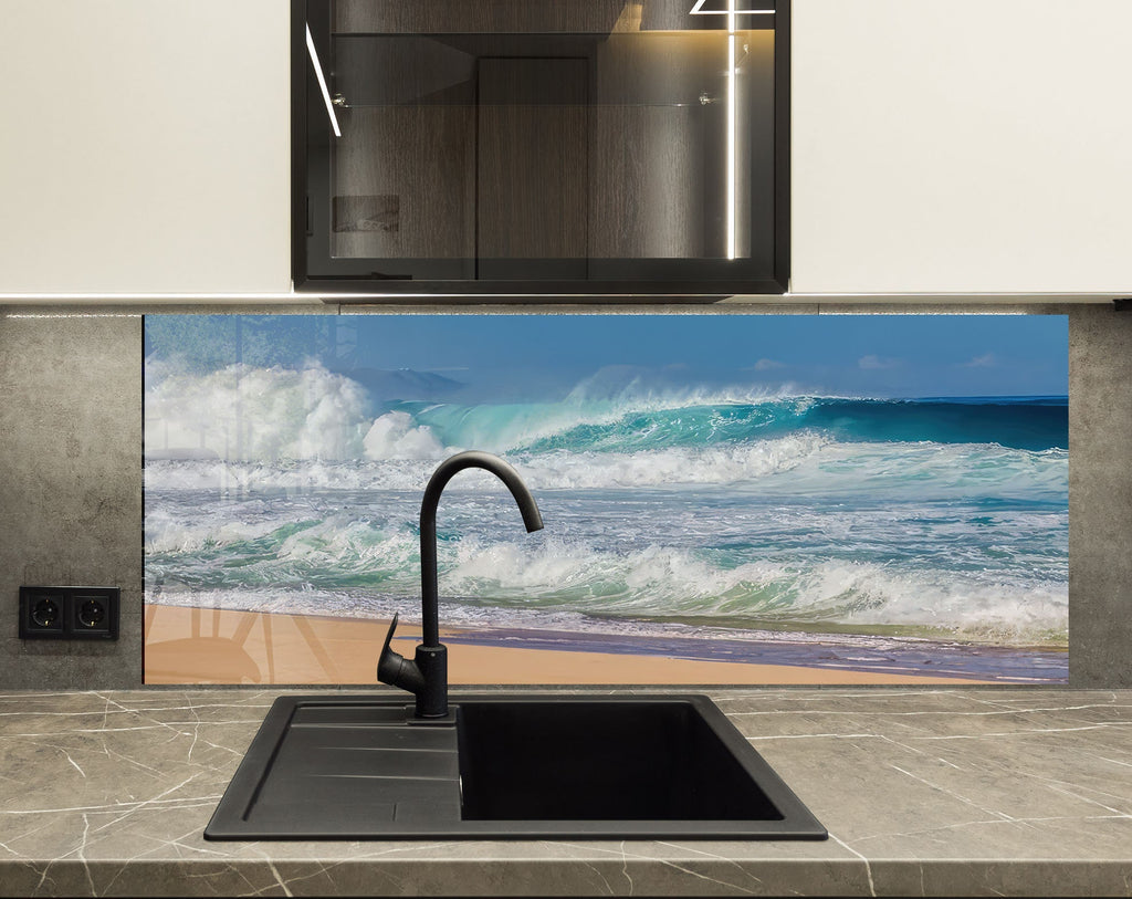 Ocean Wave Serenity - Glass Kitchen Backsplash-BacksplashArtworks