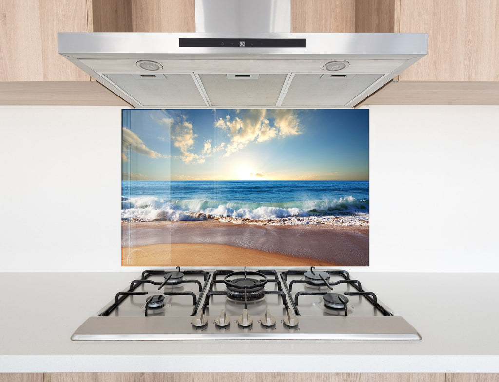 Golden Beach Waves - Glass Kitchen Backsplash-BacksplashArtworks