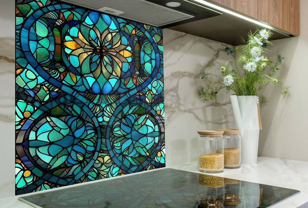 Stained Glass Floral Design - Glass Kitchen Backsplash-BacksplashArtworks