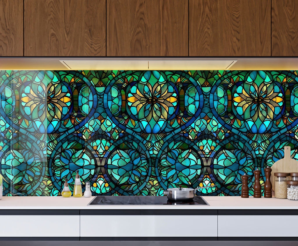 Stained Glass Floral Design - Glass Kitchen Backsplash-BacksplashArtworks