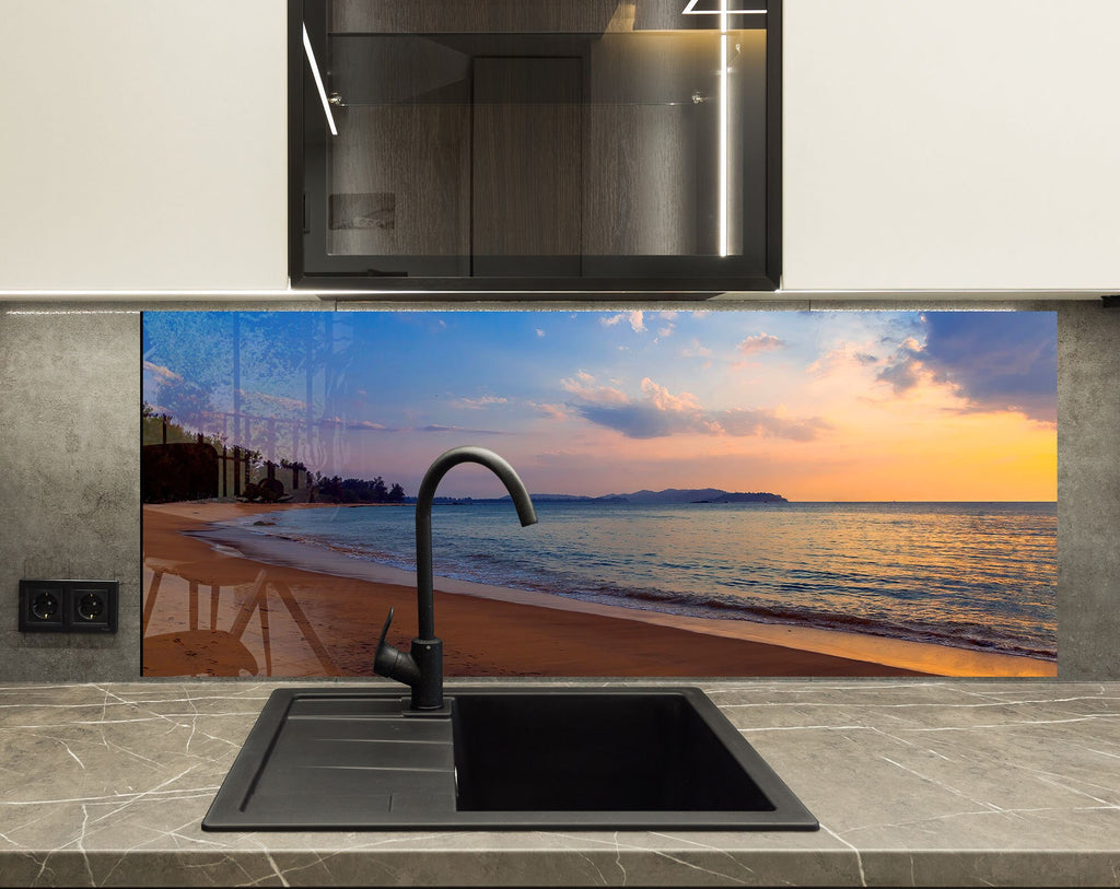 Golden Sunset Beach - Glass Kitchen Backsplash-BacksplashArtworks