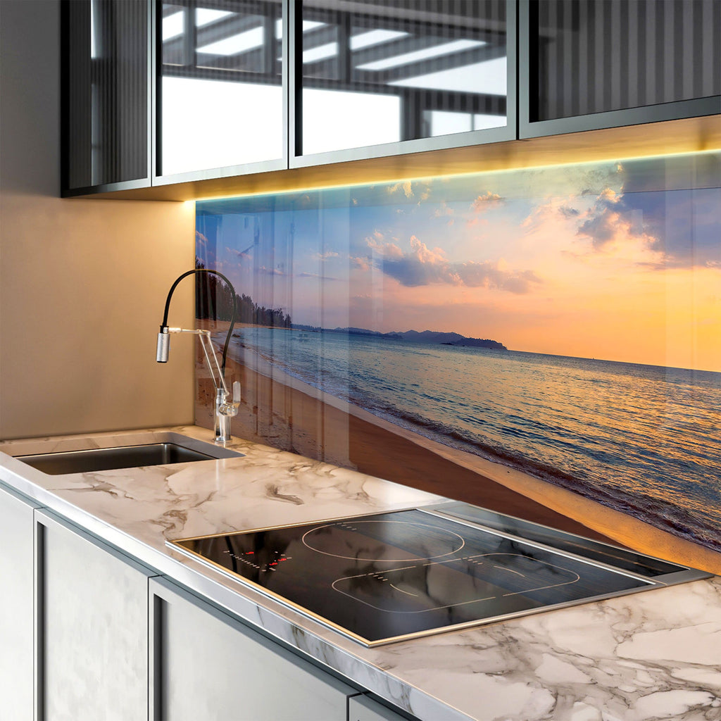 Golden Sunset Beach - Glass Kitchen Backsplash-BacksplashArtworks