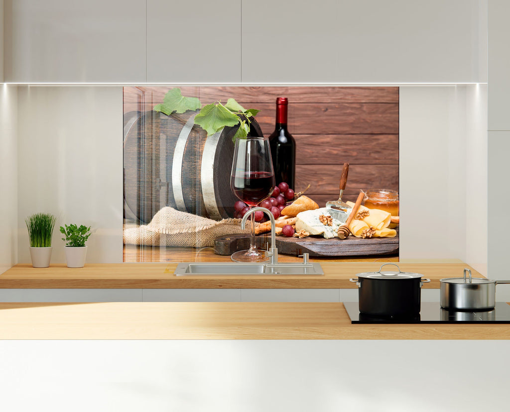 Wine & Cheese Glass Kitchen Backsplash – Wine Barrel & Grapes Design-BacksplashArtworks
