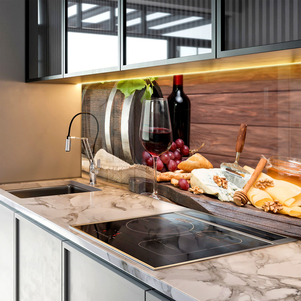 Wine & Cheese Glass Kitchen Backsplash – Wine Barrel & Grapes Design-BacksplashArtworks