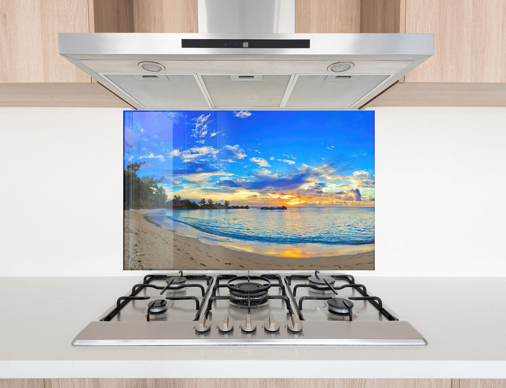 Tropical Sunset Beach View Wall Art – Tempered Glass Bathroom Backsplash-BacksplashArtworks