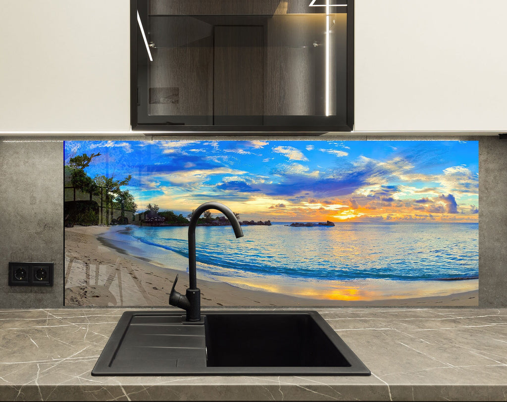 Tropical Sunset Beach View Wall Art – Tempered Glass Bathroom Backsplash-BacksplashArtworks