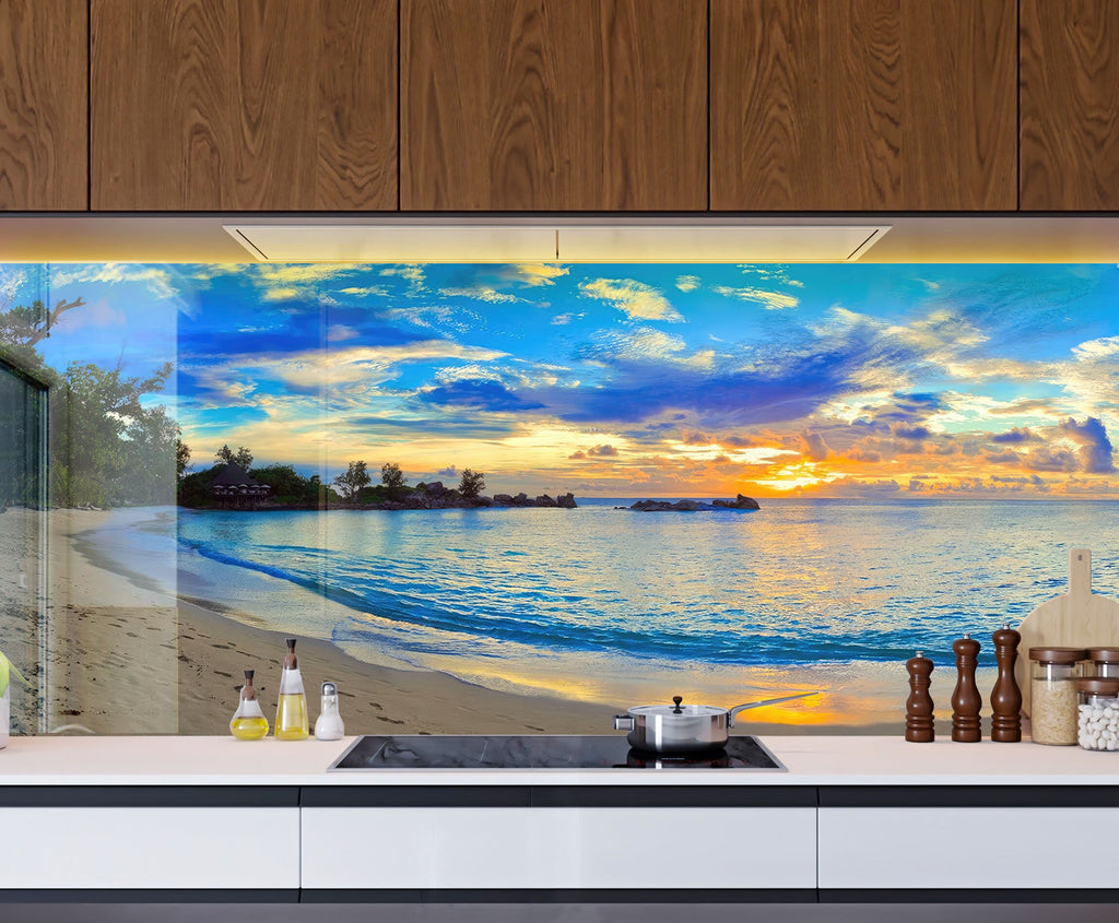 Tropical Sunset Beach View Wall Art – Tempered Glass Bathroom Backsplash-BacksplashArtworks