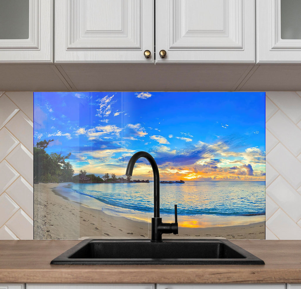 Tropical Sunset Beach View Wall Art – Tempered Glass Bathroom Backsplash-BacksplashArtworks