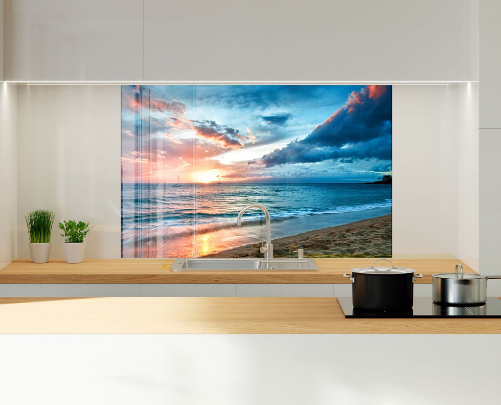 Ocean Sunset Serenity - Tempered Glass Kitchen Backsplash-BacksplashArtworks