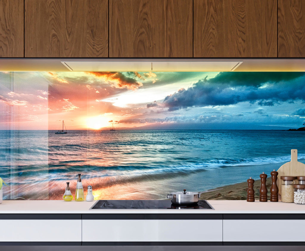 Ocean Sunset Serenity - Tempered Glass Kitchen Backsplash-BacksplashArtworks
