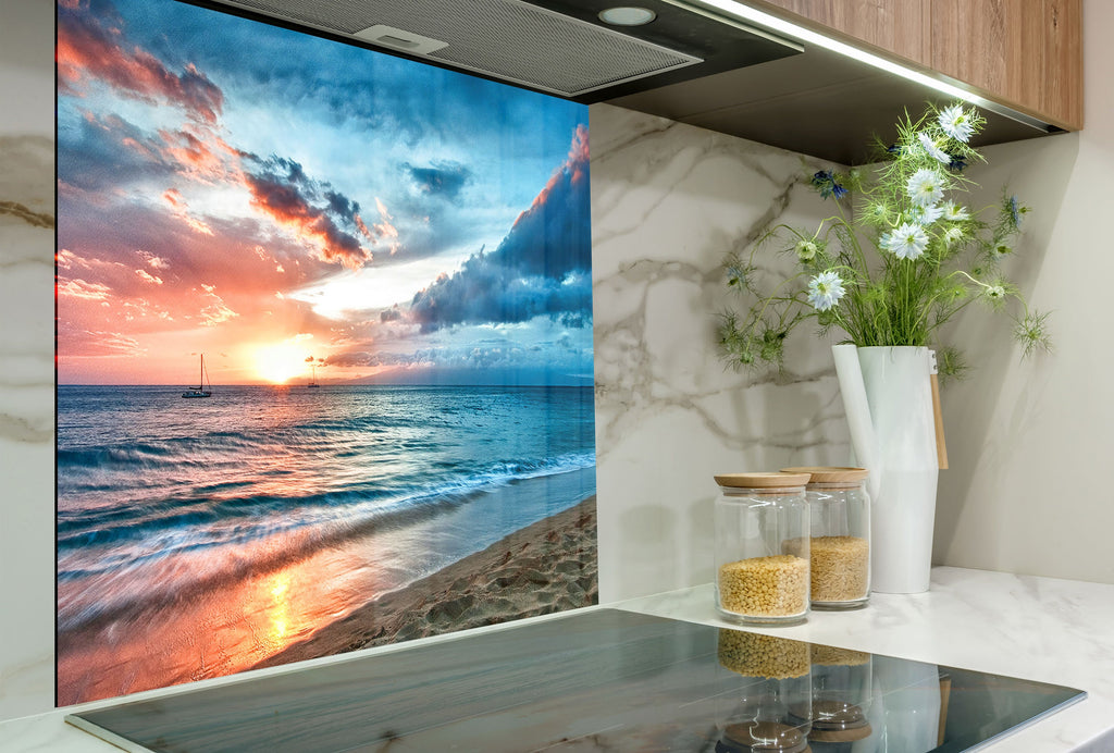 Ocean Sunset Serenity - Tempered Glass Kitchen Backsplash-BacksplashArtworks