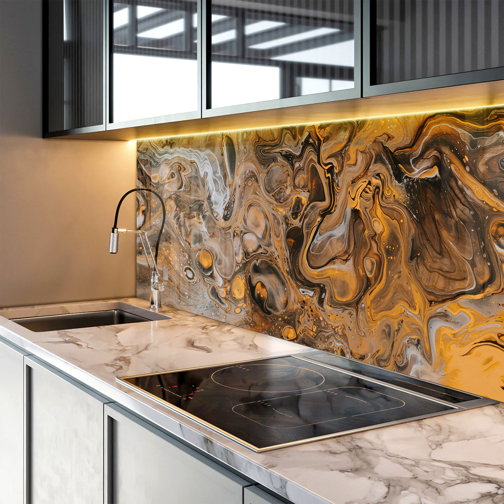Golden Swirl Abstract - Glass Kitchen Backsplash-BacksplashArtworks