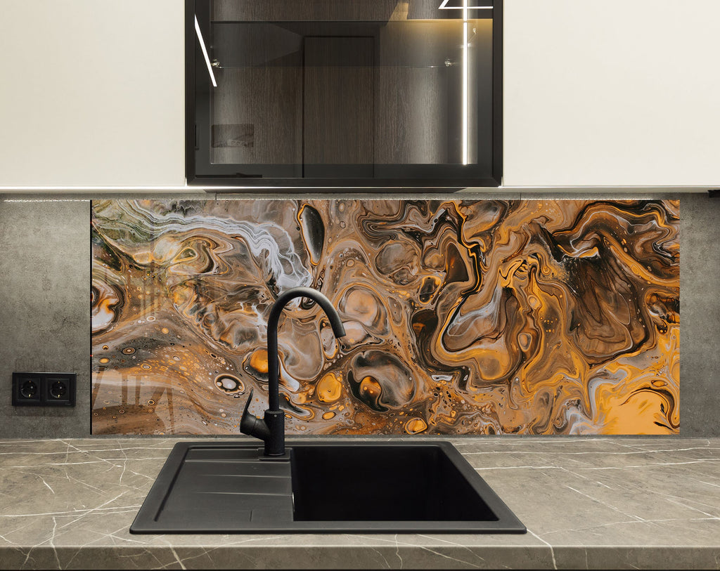 Golden Swirl Abstract - Glass Kitchen Backsplash-BacksplashArtworks