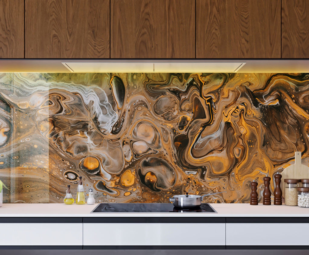 Golden Swirl Abstract - Glass Kitchen Backsplash-BacksplashArtworks