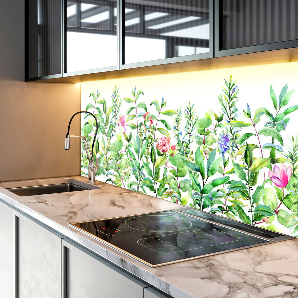 Watercolor Garden Bliss - Glass Kitchen Backsplash-BacksplashArtworks