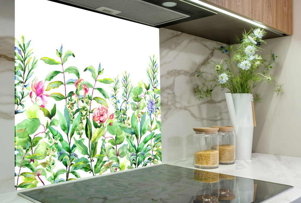 Watercolor Garden Bliss - Glass Kitchen Backsplash-BacksplashArtworks